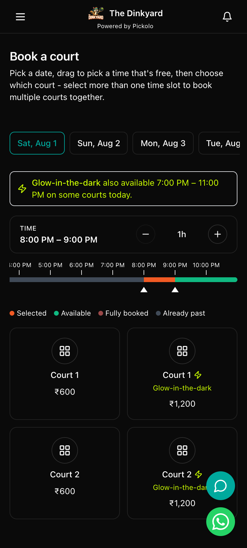 The Dinkyard court booking screen, powered by Pickolo