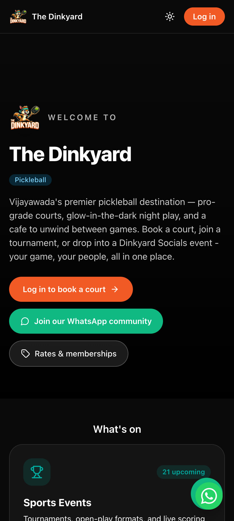 The Dinkyard venue landing screen, powered by Pickolo